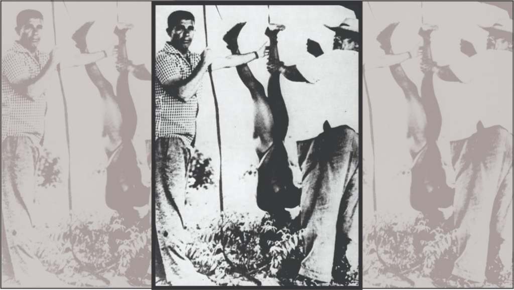 Homens se preparando para cortar ao meio uma mulher da etnia cintas-largas, em um território indígena, na região entre o Mato Grosso e Rondônia, em 1963.